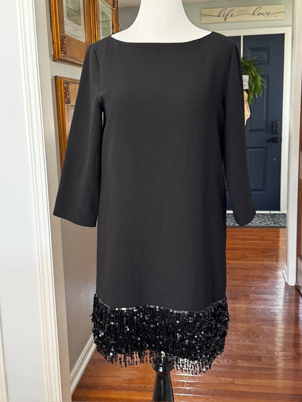 Kate Spade Black Beaded Hem Fringe Dress Sz 12 Sheath Formal Elegant